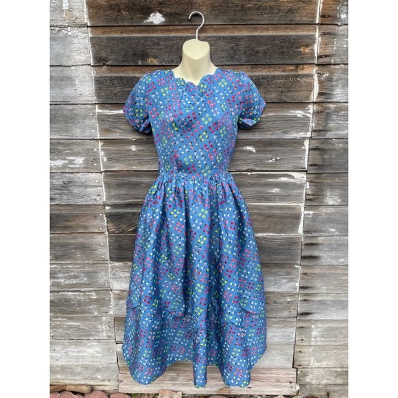 Vintage 1930s Novelty Print Cherries Fruit Blue Dress - Picture 2 of 12